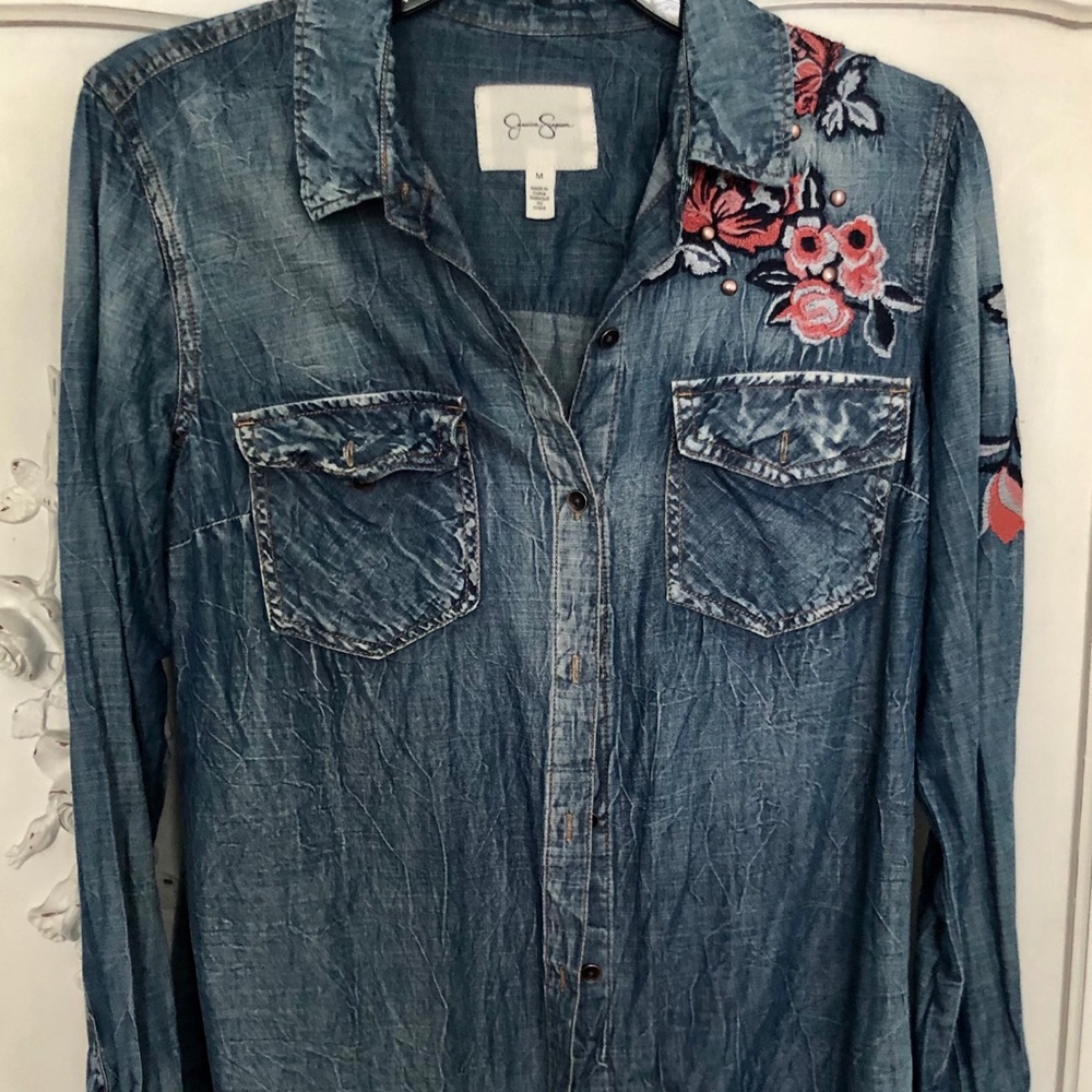 Distressed Denim blouse with flowers.